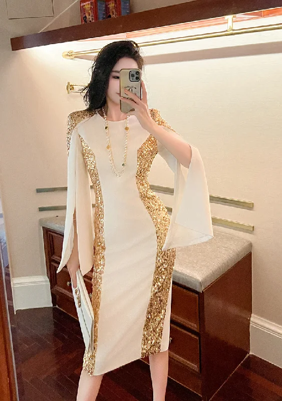 women's cinched-waist dressesGold Sequins Elegant White Evening Birthday Prom Midi Dress