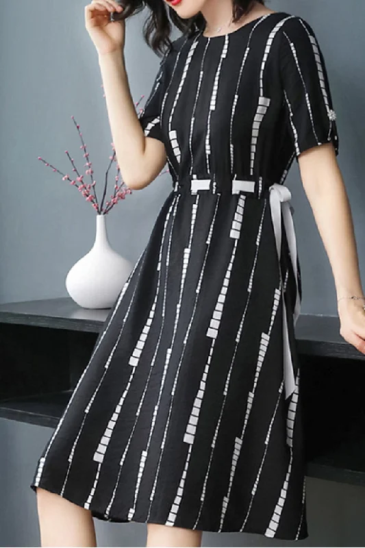 women's business casual dressesShort Sleeve Waist Drawstring O-neck Midi Dress