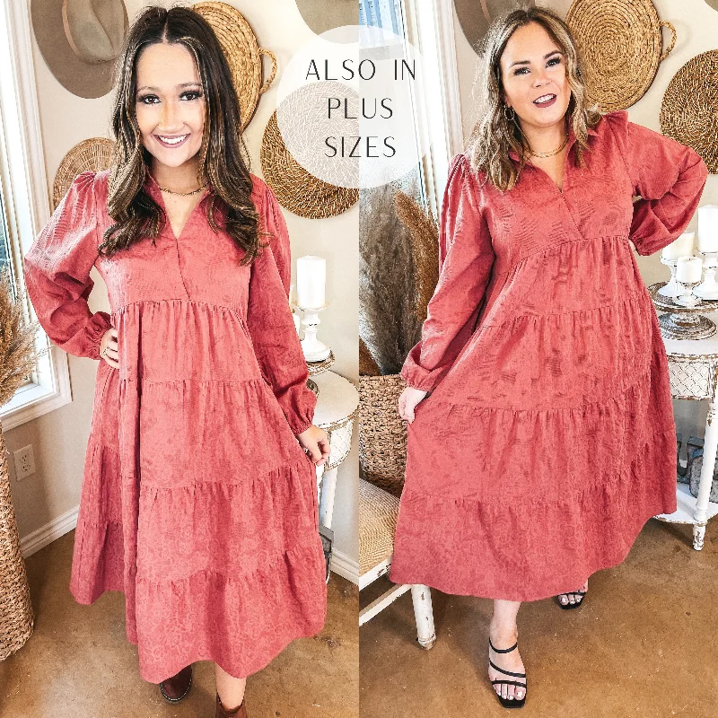 Ruffle DressSweet Glances Long Sleeve Tiered Midi Dress in Dusty Coral