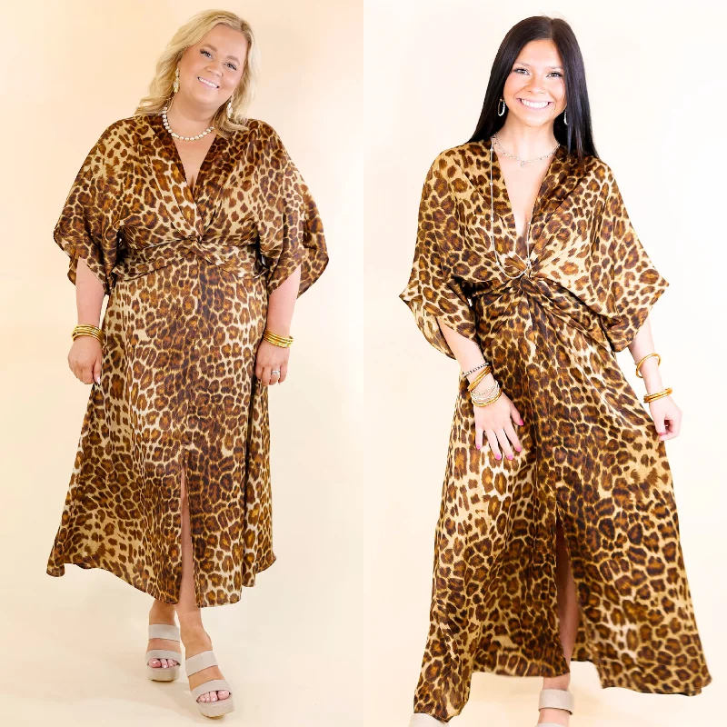 women's off-the-shoulder dressesTake My Breath Away Front Knot Leopard Print Midi Dress in Brown