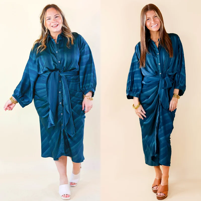 A-Line DressDecisions To Make Button Up Midi Dress in Dark Teal Blue