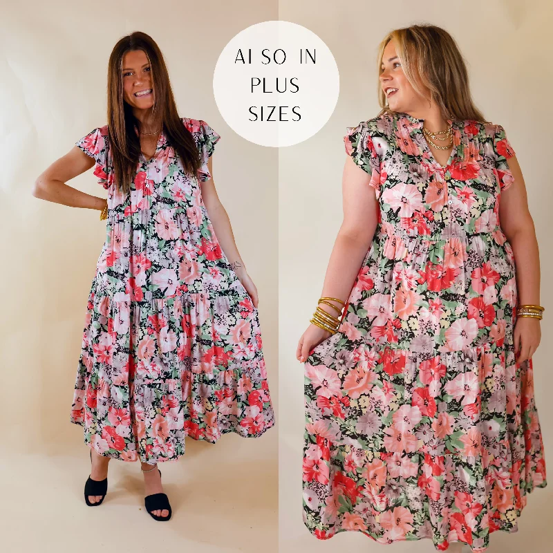 women's lightweight dressesStrolling Down Sunset Floral Tiered Midi Dress in Pink and Green Mix