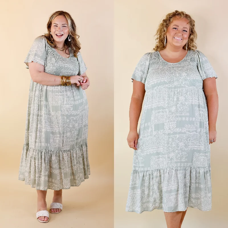 women's unique dressesAdore The Shore Block Print Midi Dress with Smocked Bodice in Sage Green