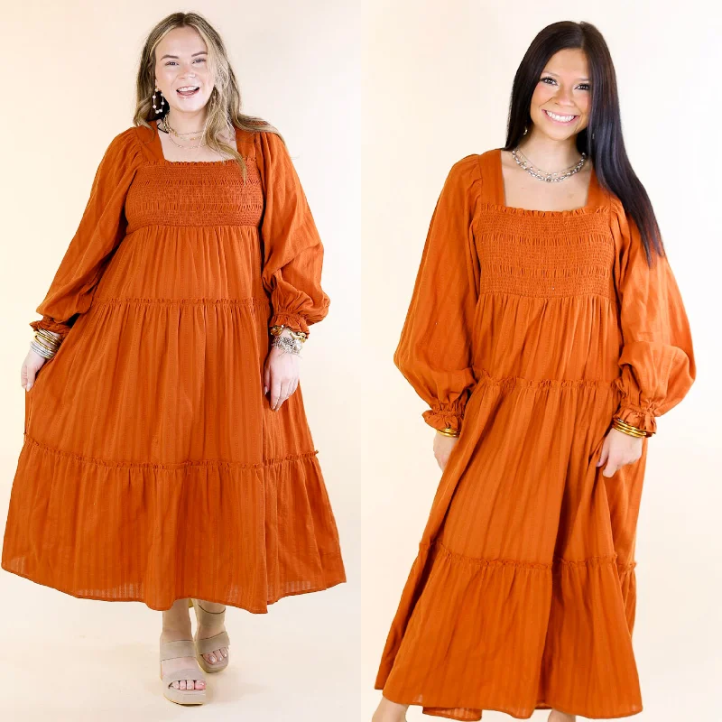 women's empire waist dressesSunshine And Cider Long Sleeve Tiered Midi Dress in Rust Orange