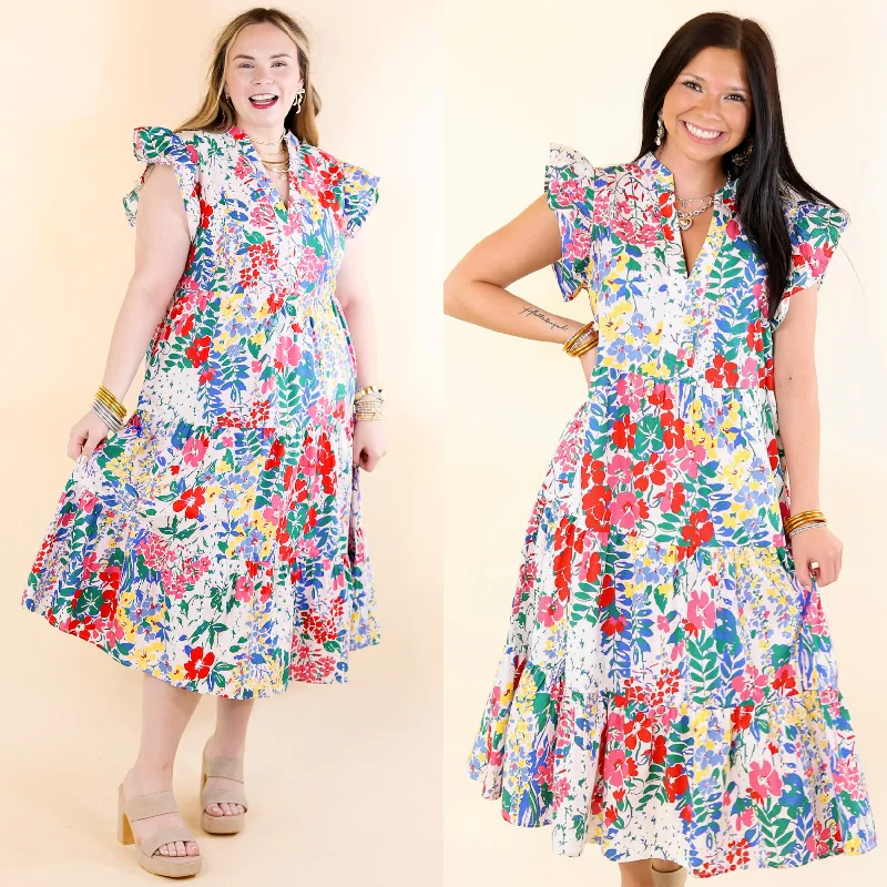 women's plus-size dressesMagnolia Morning Floral Ruffle Cap Sleeve Tiered Midi Dress in White