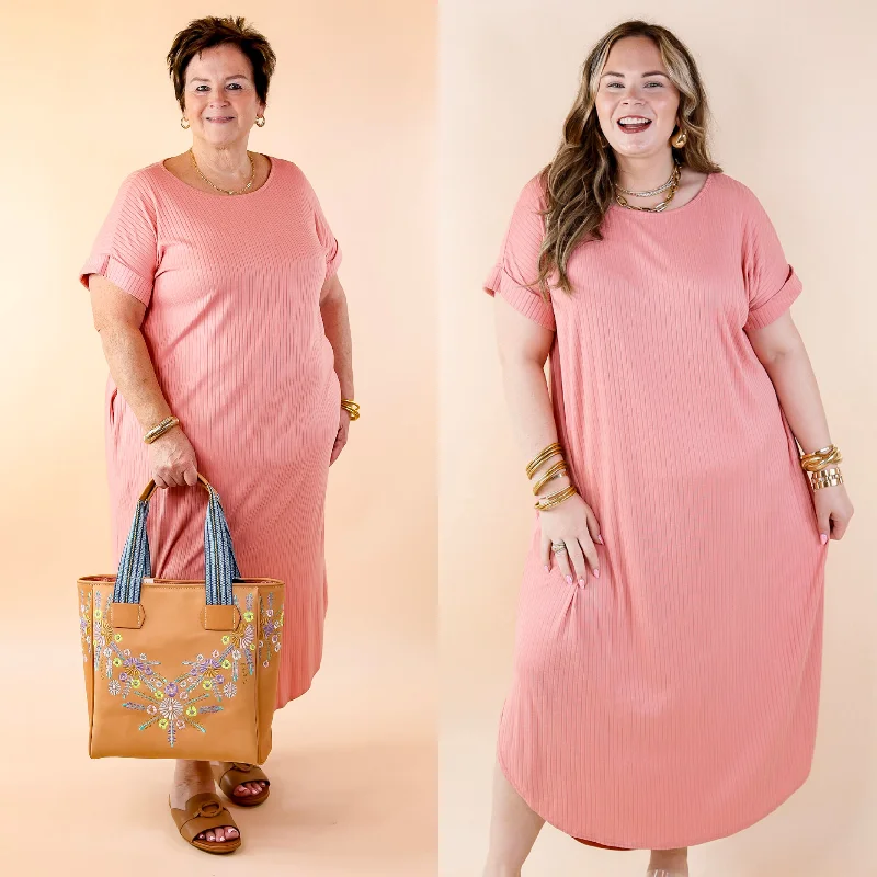 women's designer dressesChill Looks Short Sleeve Ribbed Midi Dress in Dusty Rose