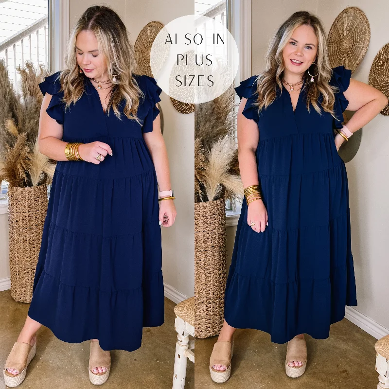 Velvet DressAll Of A Sudden Tiered Midi Dress with Ruffle Cap Sleeves in Navy Blue