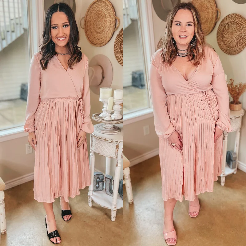 Maternity DressBakersfield Brunch Long Sleeve Midi Dress with Pleated Skirt in Blush Pink