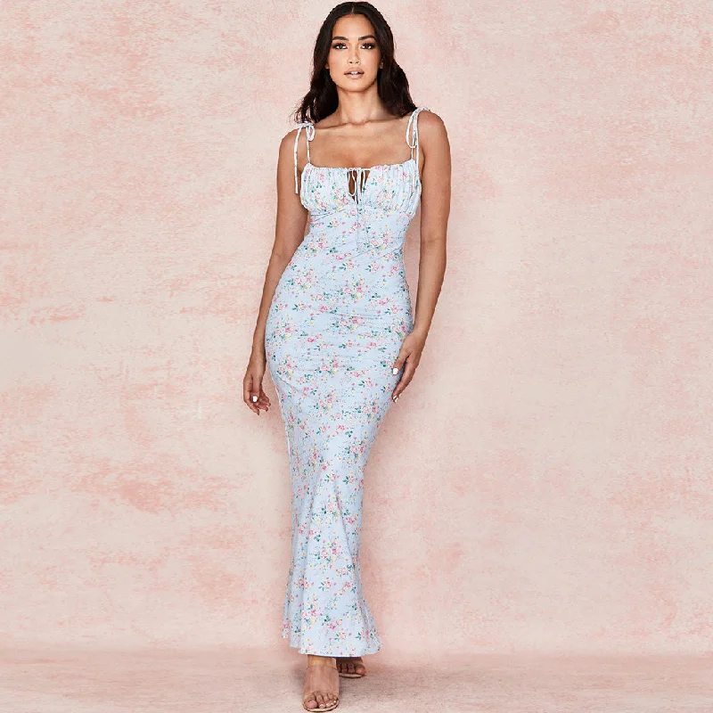 Prom DressDaisy Printed Floss Strap Tied Bustier Slip Maxi Dress - Blue