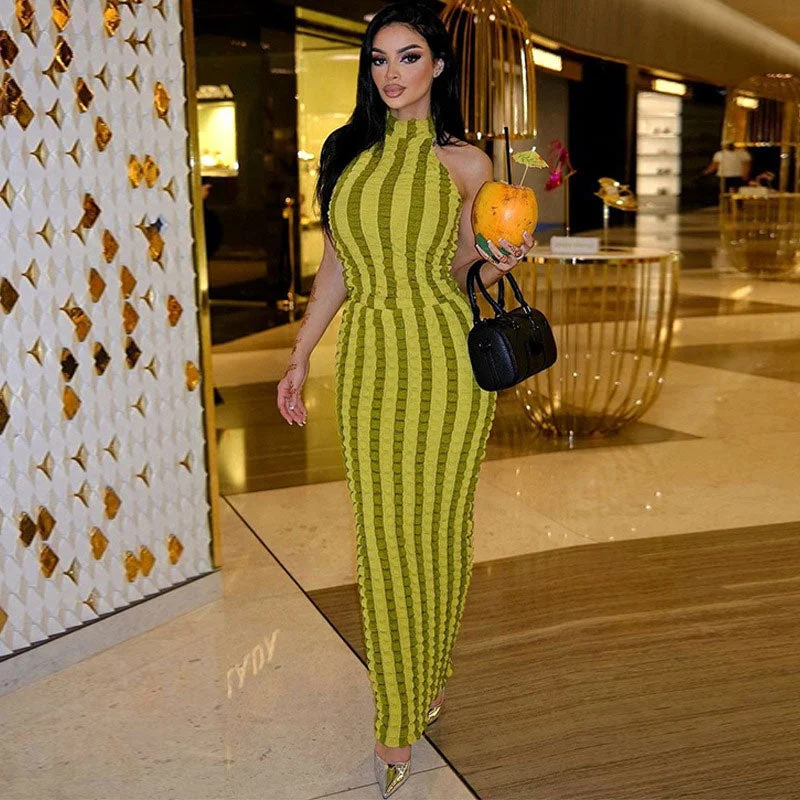 women's maximalist dressesPopcorn Striped High Neck Sleeveless Bodycon Maxi Dress - Green