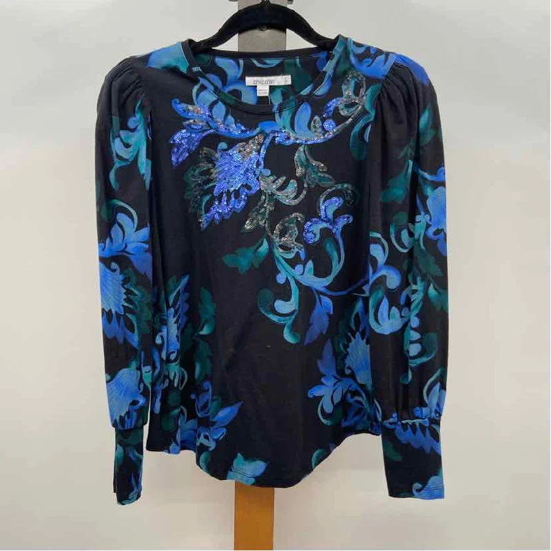 women's tops for cozy nights inChico's Women's Size S Navy scroll Long Sleeve Shirt