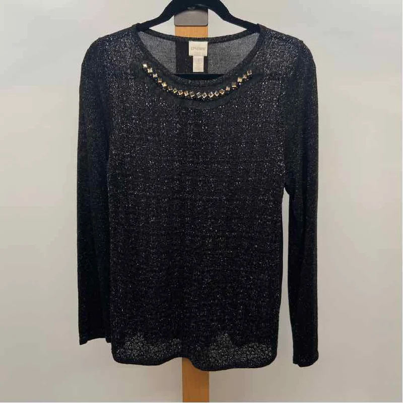 women's tops with unique designsChico's Women's Size M Black Shimmer Long Sleeve Shirt