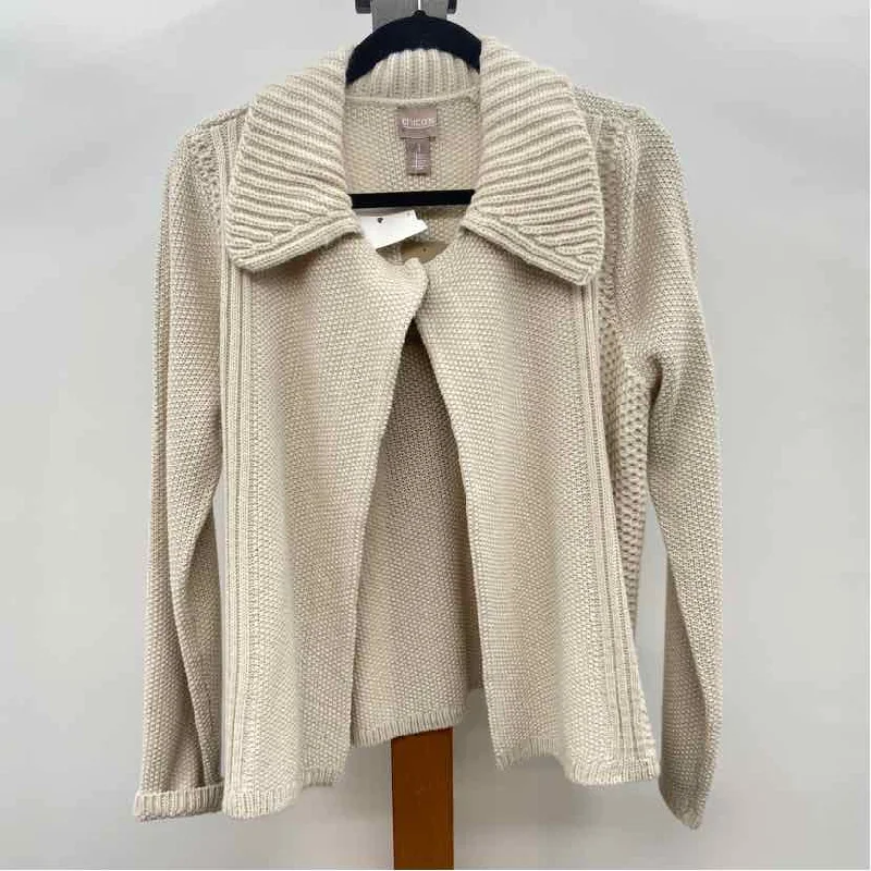 women's tops with cold-shoulder cutsChico's Women's Size M Beige Textured Cardigan