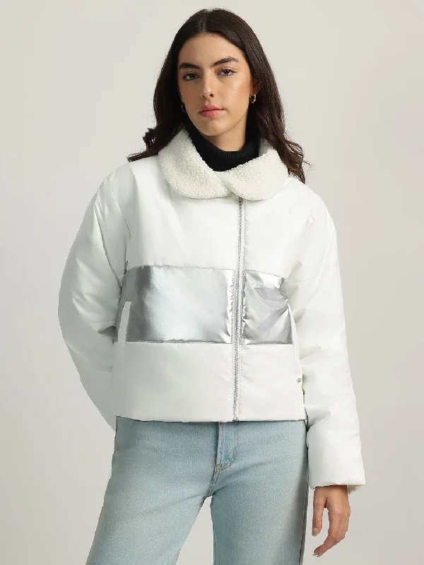 women's tops for fashion-forward individualsElle Women White Color-Blocked Spread Collar Full Sleeves Puffer Jacket