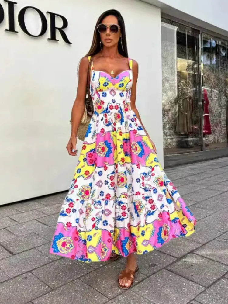 Cold-Shoulder DressHoliday Long Beach Women Summer New Fashion Suspender Large Swing Female Print Graffiti Sleeveless Maxi Dress