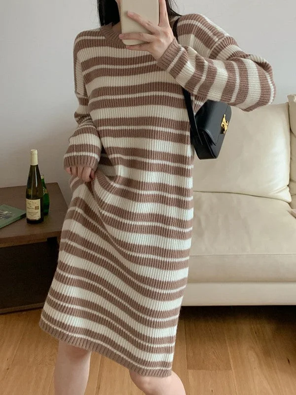 women's machine-washable dressesKnitted Stripe Long Sleeve Maxi Dress