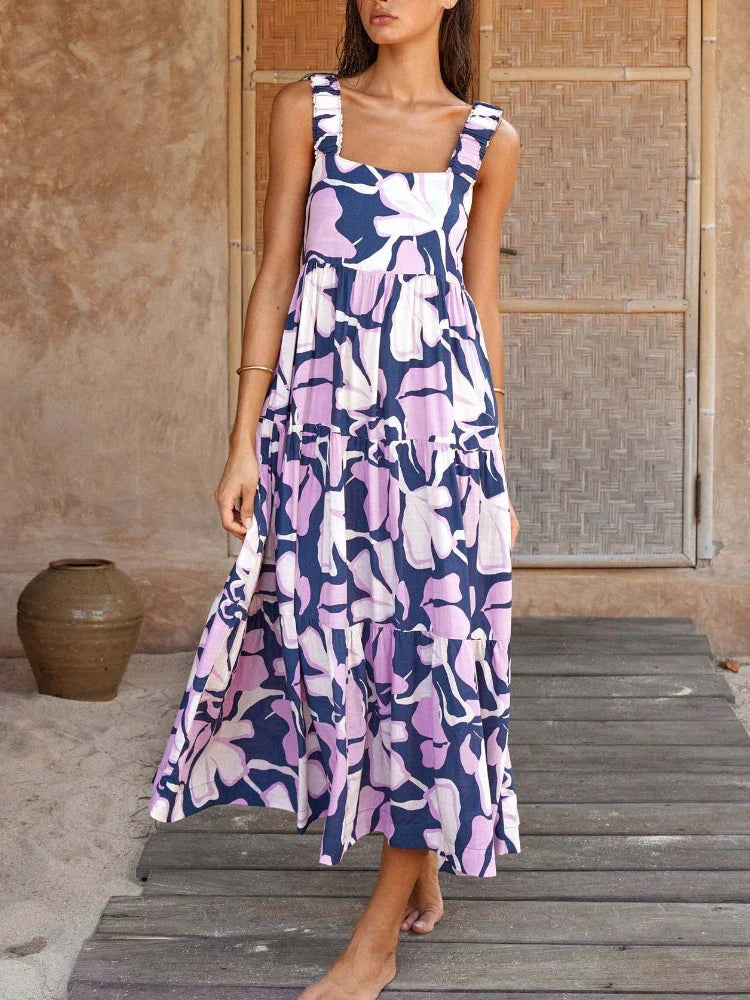 Laced-Up DressPleated Beach for Women Holiday Strap A- Line Floral Printed Long Maxi Dress