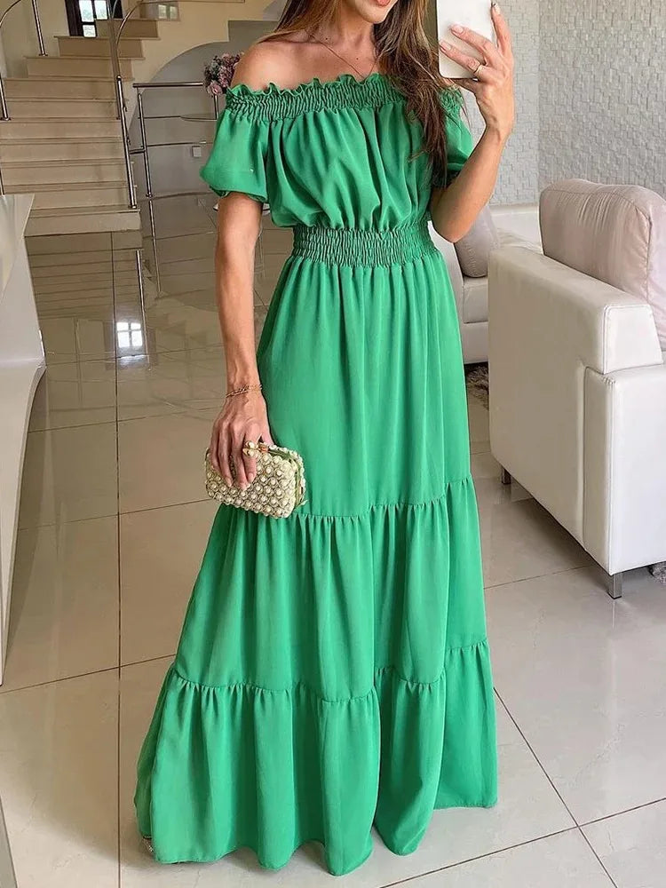 women's retro dressesOff Shoulder Ruffles Summer Slash Neck Short Sleeve Elegant Maxi Dress