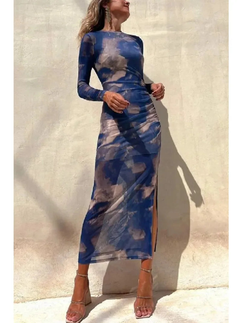 women's shift dressesSkinny Mesh Long Sleeve Split Spring/Summer Print Slim Fit Elastic Maxi Dress