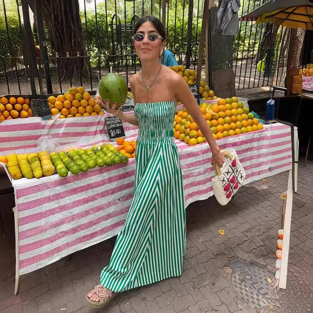 Neon DressGreen Striped Strapless Sexy Slim Beach Casual Maxi Dress