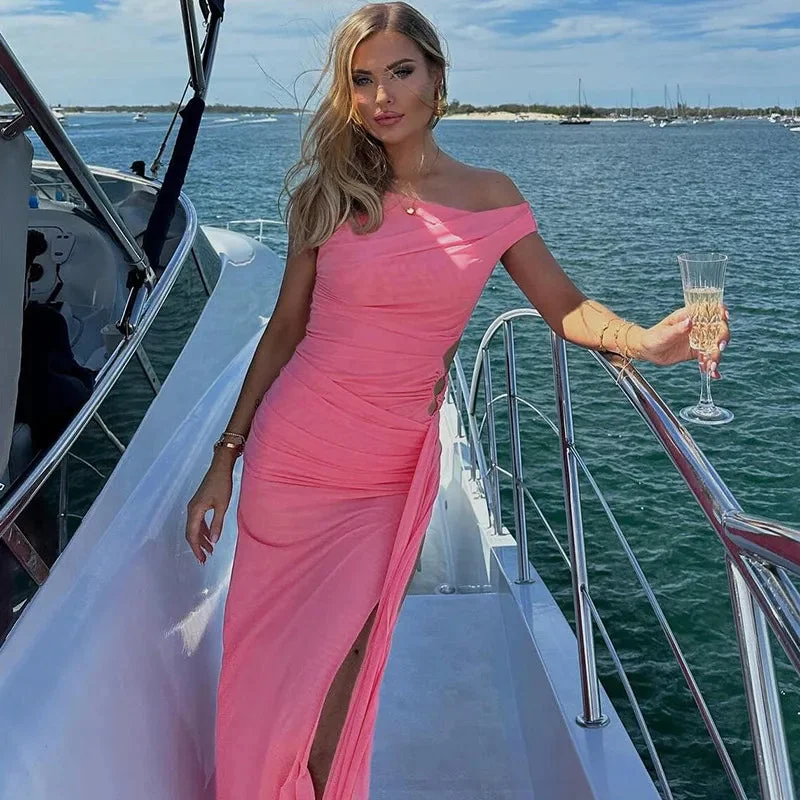 women's wrap dressesPink Hollow Out Summer Sexy Inclined Shoulder Asymmetrical Sleeveless Elegant Slit Party Maxi Dress