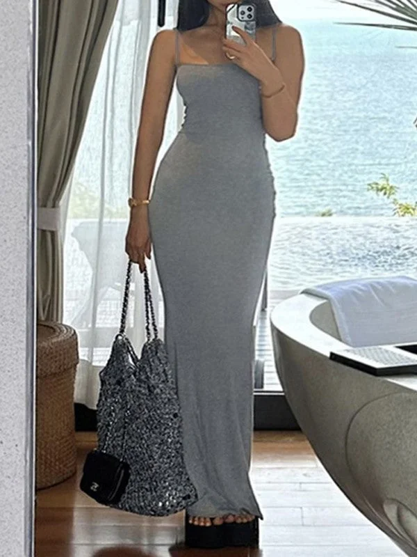 women's fashionable dressesGray Ribbed Bodycon Maxi Dress