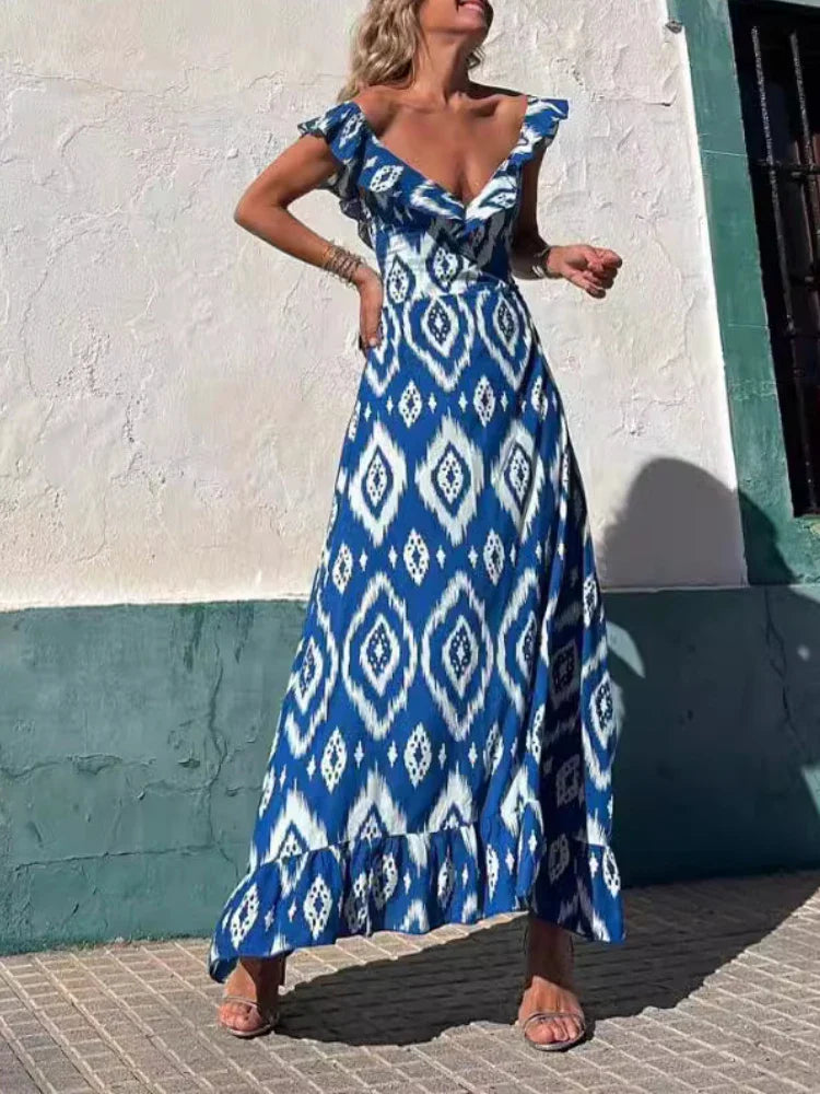 High-Low DressFashion Beach Long Print for Women 2024 New Summer Hot Sale Deep V Printed Female Ruffled Long Maxi Dress