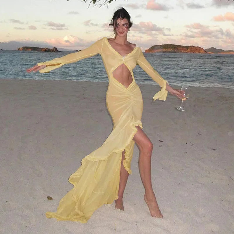 Glamour DressElegant Yellow See Through Ruched Summer Long Sleeve Maxi Dress