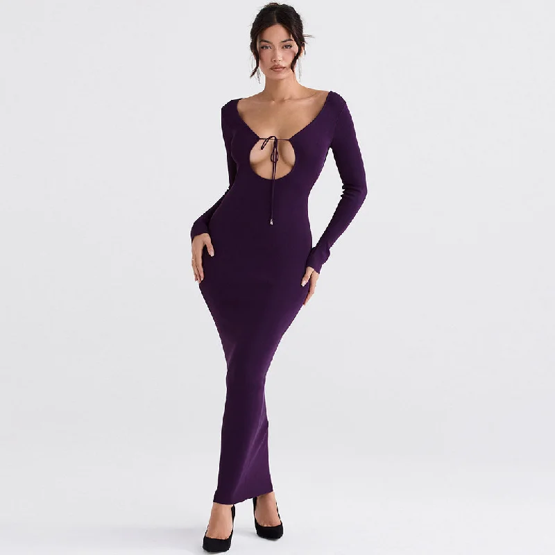 women's eco-friendly dressesSolid Color Long Sleeve Bodycon Maxi Dress - Purple