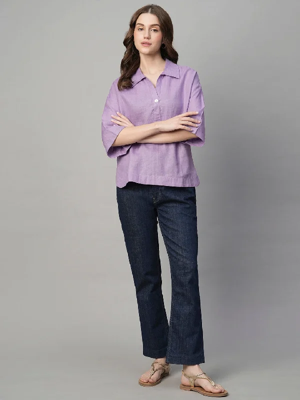 elegant women's topsWomen's Lilac 100% Linen Boxy Fit Blouse