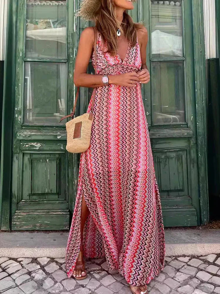 Silk DressHoliday Printed Beach Long Women New Fashion Bohemian Printed V-Neck Sling Vintage Maxi Dress