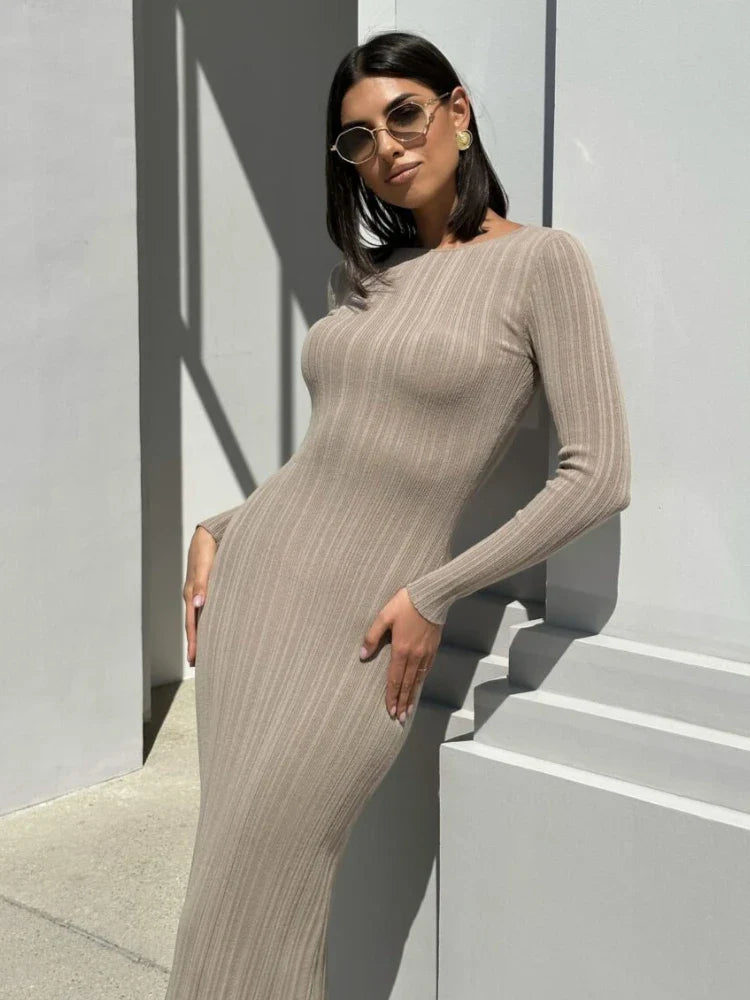 Plunging Neckline DressAutumn Long Sleeve Knitted Elegant Geometric Printed Bodycon Maxi Dress