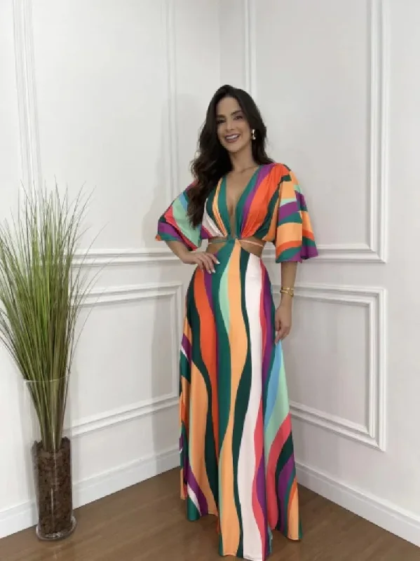 Knit DressWomen's Stripes V Neck Long Hollow Color-block Bat Sleeve Summer Holiday 2024 Maxi Dress