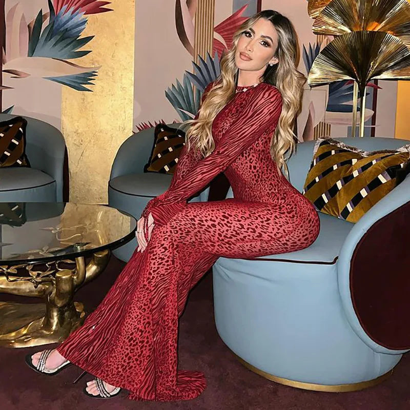 women's pastel dressesRed Leopard Sexy Mesh See Through Slim Flare Sleeve Party Maxi Dress