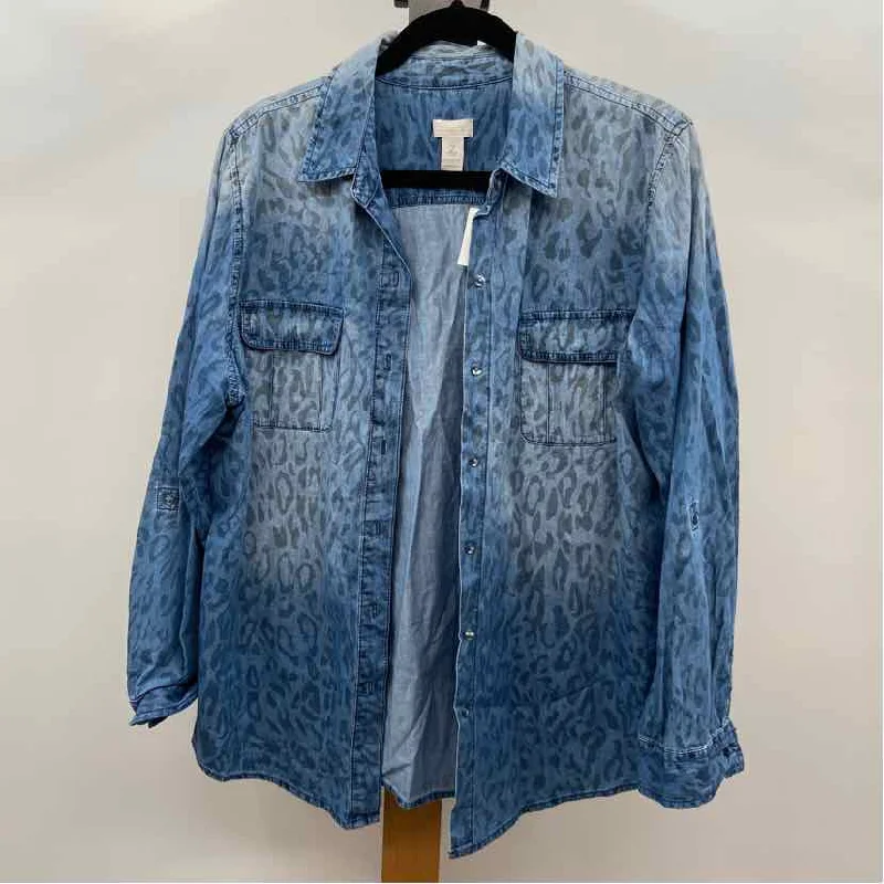 cozy women's tops for fall and winterChico's Women's Size L Blue Animal Print Long Sleeve Shirt