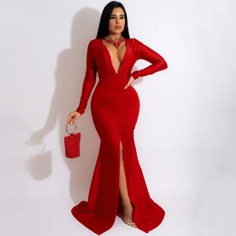 Evening DressFabulous Ruched Deep V Long Sleeve Split Trim Fishtail Formal Maxi Dress - Red