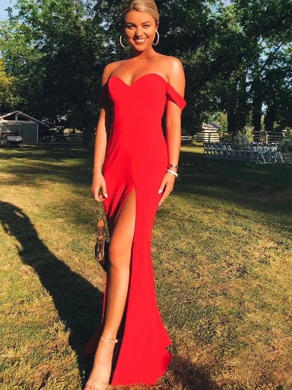 women's designer dressesMaxi Off Shoulder Mermaid Long Red Prom Dresses with High Slit, Off Shoulder Red Formal Dresses, Mermaid Red Evening Dresses