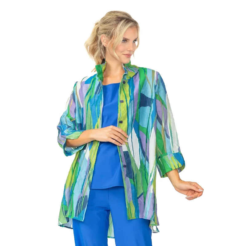 women's tops for those who want to add a bit of flair and personality to their looksJust In! IC Collection Abstract Linear Hi-Low Blouse in Blue - 7079J