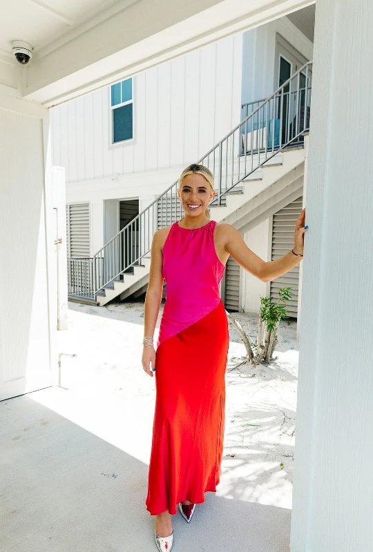 Satin DressOn The Lookout Maxi Dress - Fuchsia/Red