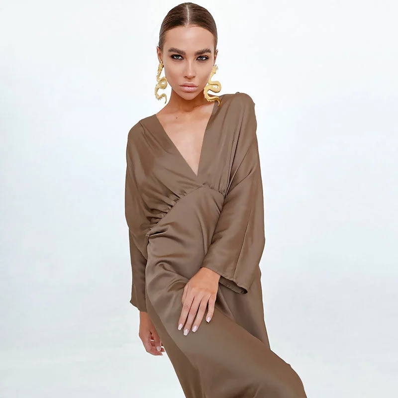 Casual DressFrench Style Ruched Deep V Batwing Sleeve Split Cocktail Maxi Dress - Brown