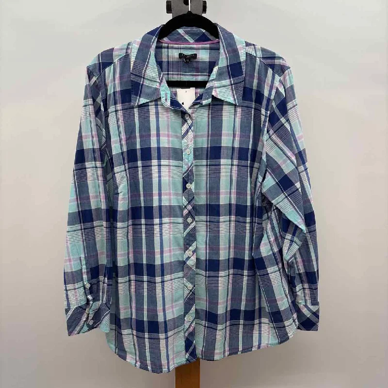 women's tops with ruffled hemsTalbots Women's Size 2X Blue Plaid Long Sleeve Shirt