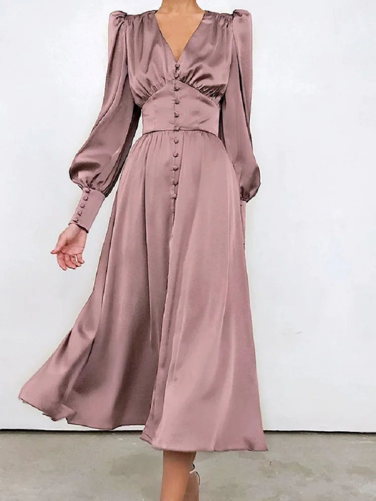 women's cinched-waist dressesElegant and fashionable Women's Fall V-neck Satin Full Button Skinny Vintage Split Maxi Dress