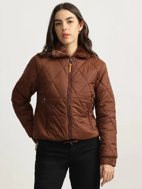 women's tops for everyday eleganceElle Women Brown Solid Stand Collar Full Sleeves Quilted Jacket