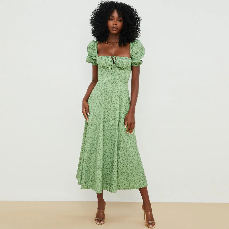 women's sleeveless dressesDaisy Printed Puff Sleeve High Slit Smock Maxi Sundress - Green