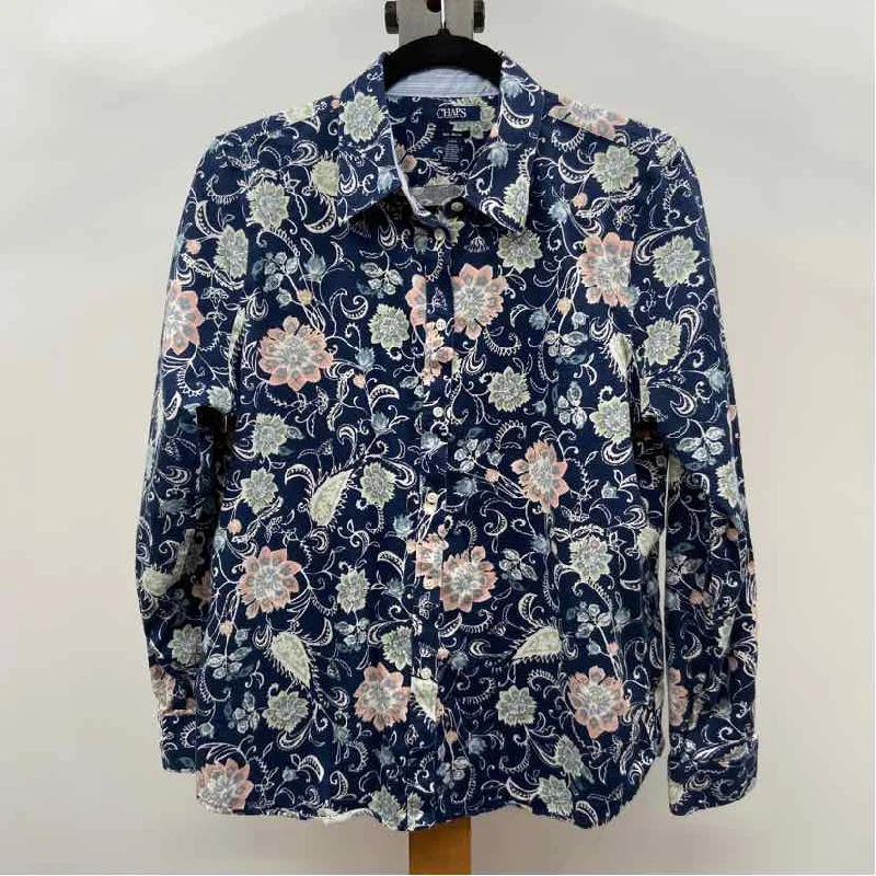 three-quarter sleeve women's topsChaps Women's Size L Blue Floral Long Sleeve Shirt