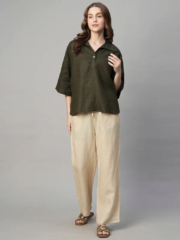 women's tops for those who want to stay on top of the latest fashion trends and wear pieces that are both stylish and on-trendWomen's Olive 100% Linen Boxy Fit Blouse