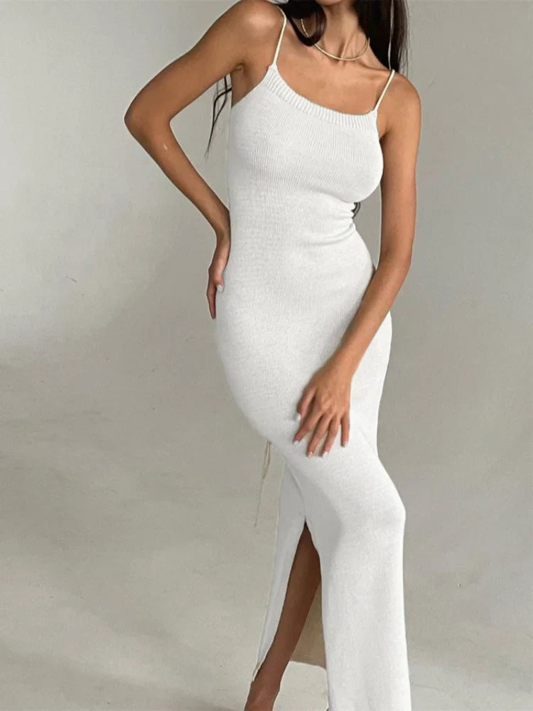 Embellished DressElegant Knitted Long White Backless Bodycon Lace-Up Slit Maxi Dress