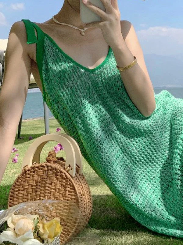 women's luxury dressesLace Up Green Crochet Knit Maxi Dress