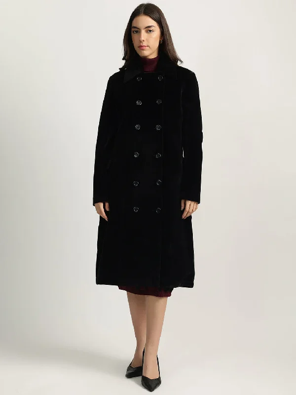 women's tops that offer a perfect blend of style, comfort, and affordabilityElle Women Black Solid Spread Collar Full Sleeves Double Breasted Overcoat