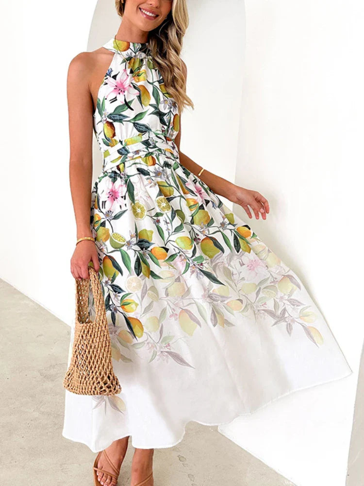 women's body-skimming dressesElegant Holiday Printed Long Women 2024 Summer Halter Printing Waist Sleeveless Maxi Dress